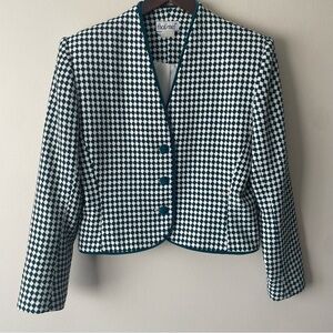 VINTAGE Green and White Checkered Preppy Blazer with Corduroy Buttons and Edges